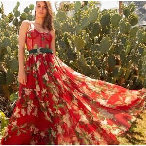 PatBo Floral Bustier Maxi Dress Cherry Size 8 Romantic Whimsical Resort NO BELT